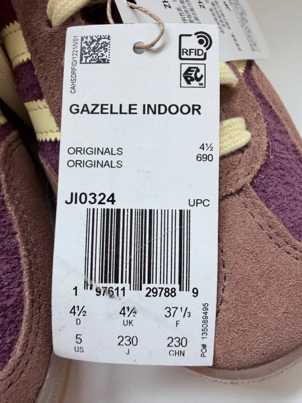 Adidas Gazelle Indoor Plum Burgundy Suede Terry Sneakers Cream Stripes - 5 US - Picture 10 of 11